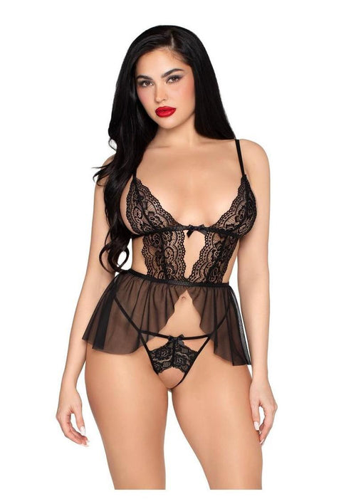Load image 1 in gallery view. Leg Avenue Scalloped Lace and Mesh Babydoll and Matching Crotchless Panty - Black - Large - 2 Piece