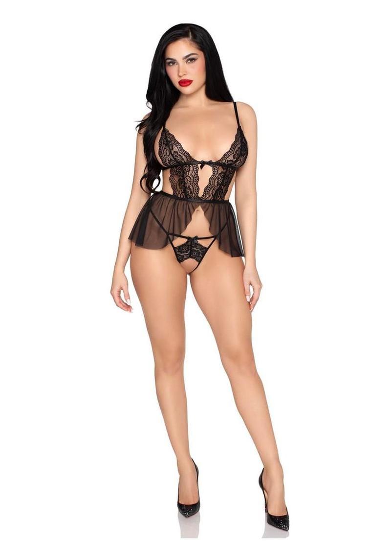 Scalloped Lace and Mesh Babydoll and Matching Crotchless Panty Leg Avenue
