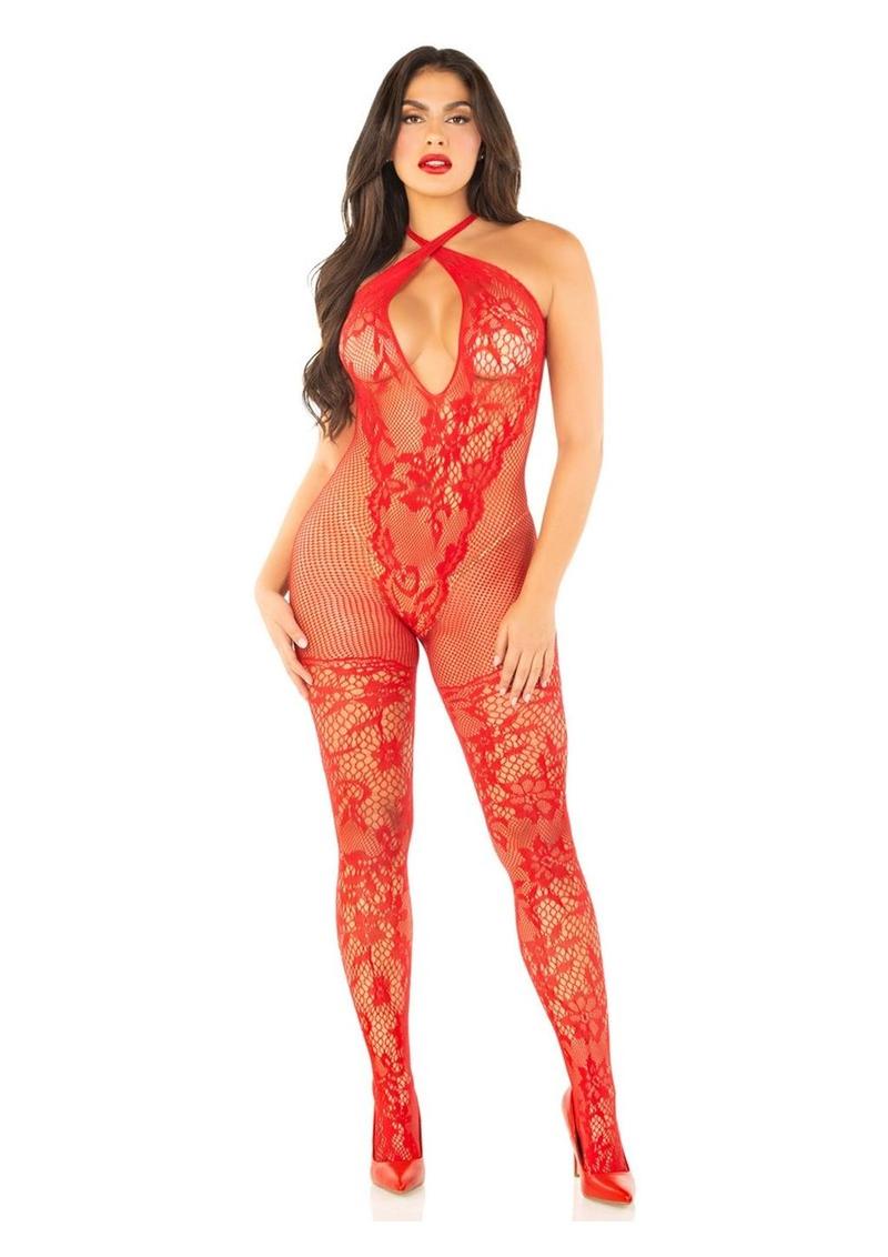 Seamless Net and Lace Lingerie Jumpsuit with Keyhole Crossover Halter Leg Avenue