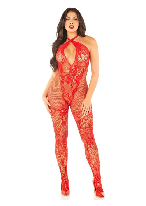 Load image 1 in gallery view. Seamless Net and Lace Lingerie Jumpsuit with Keyhole Crossover Halter Leg Avenue