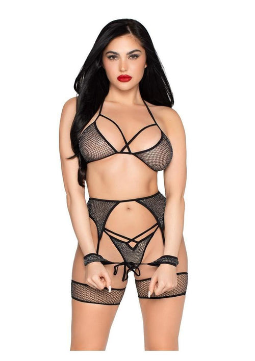 Load image 1 in gallery view. Leg Avenue Shimmer Net Bra Top, G-String Panty, Garter Harness and Wrist Ties - Black/Silver - One Size - 4 Piece