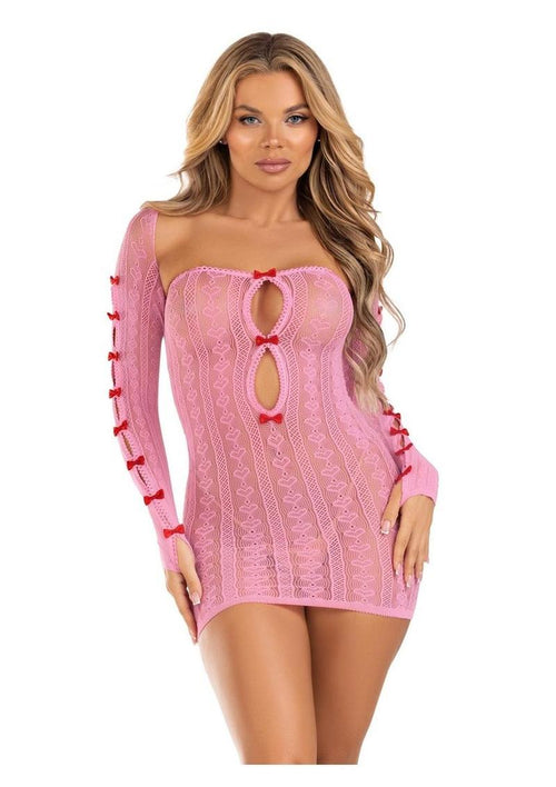 Load image 1 in gallery view. Leg Avenue Sweetheart Striped Tube Dress and Matching Shrug with Keyhole and Mini Bow Detail - Pink - One Size - 2 Piece