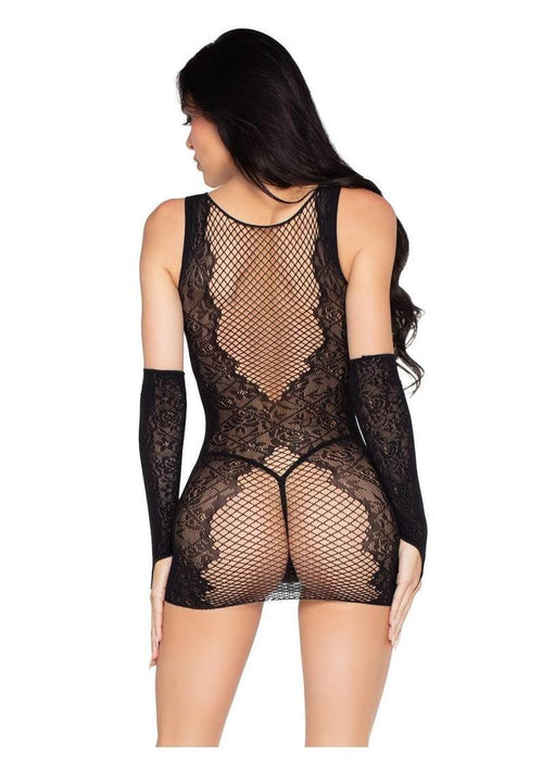 Load image 1 in gallery view. Leg Avenue Wild Rose Lace Mini Dress with Deep-V Net Detail and Matching Gloves (2 Piece) - Os - Black