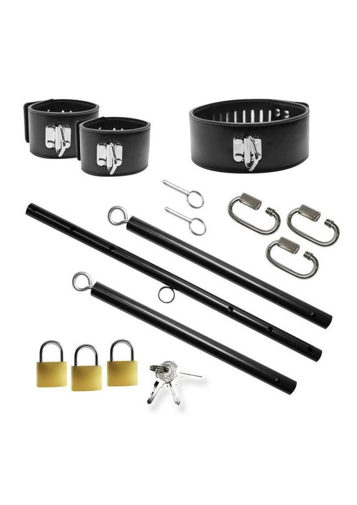 Load image 1 in gallery view. Master Series Dominion Bar Stainless Steele Spreader Bar with Collar and Restraints - Black/Silver