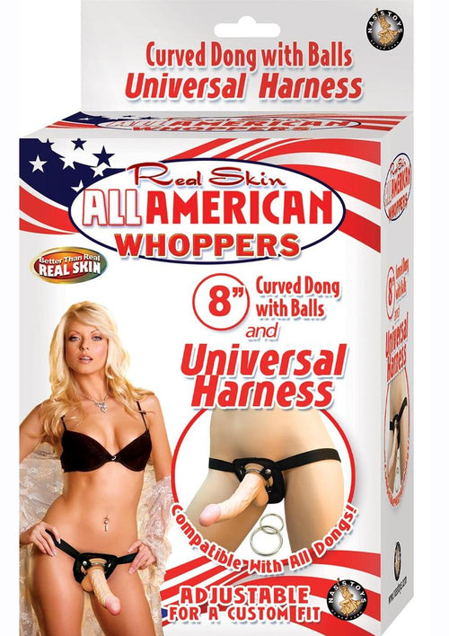 Load image 1 in gallery view. Real Skin All American Whoppers Dildo with Universal Harness - Black/Flesh/Vanilla - 8in