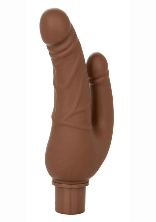 Load image 1 in gallery view. Rechargeable Power Stud Over and Under Silicone Vibrating Double Dong - Chocolate