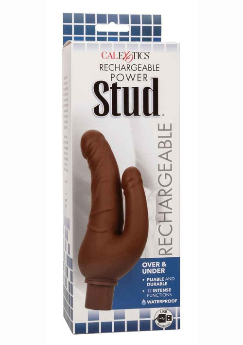 Load image 1 in gallery view. Rechargeable Power Stud Over and Under Silicone Vibrating Double Dong - Chocolate