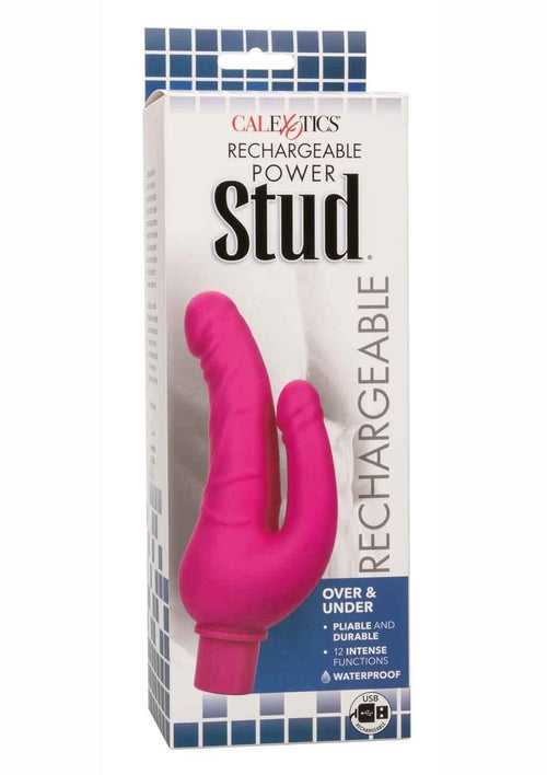 Load image 1 in gallery view. Rechargeable Power Stud Over and Under Silicone Vibrating Double Dong - Pink