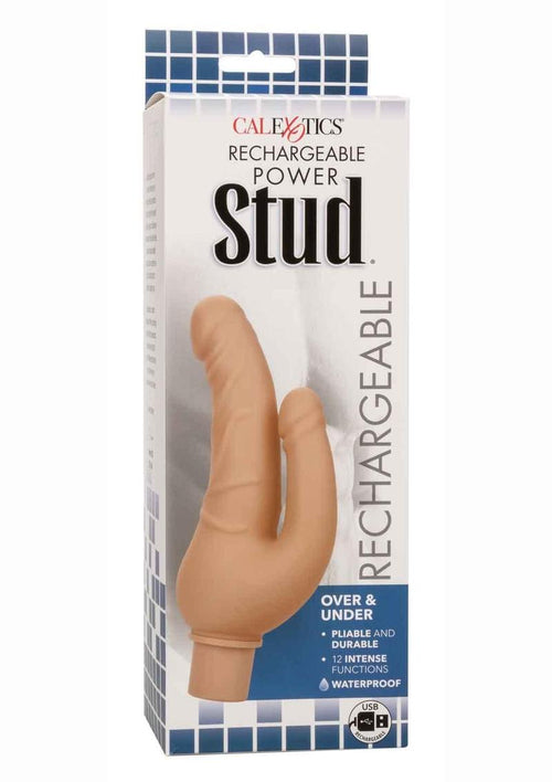 Load image 1 in gallery view. Rechargeable Power Stud Over and Under Silicone Vibrating Double Dong - Vanilla