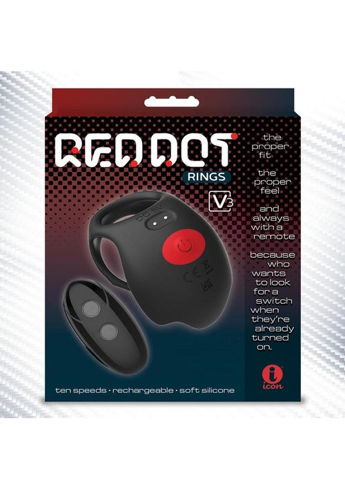 Load image 1 in gallery view. Red Dot Silicone Rechargeable Vibrating Cock Ring with Controller V3 - Black/Red