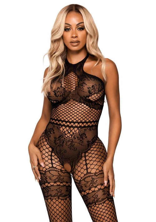 Load image 1 in gallery view. Seamless Industrial Net Halter Bodystocking with Faux Lace Lingerie Detail - Its Cassidy Bybee