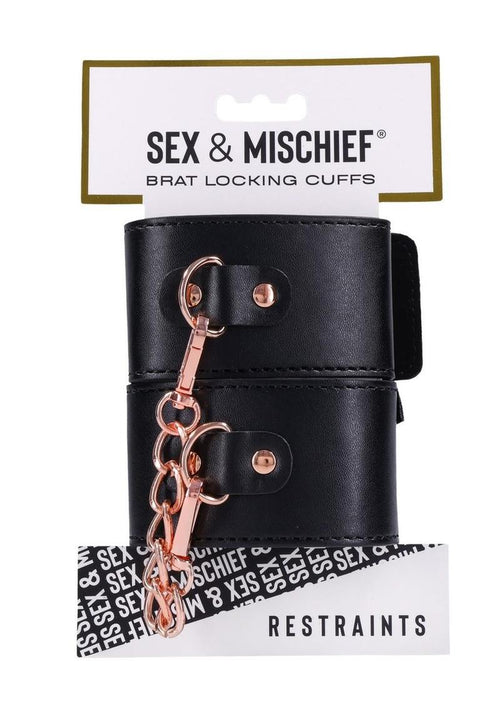 Load image 1 in gallery view. Sex and Mischief Brat Locking Cuffs - Black/Rose Gold