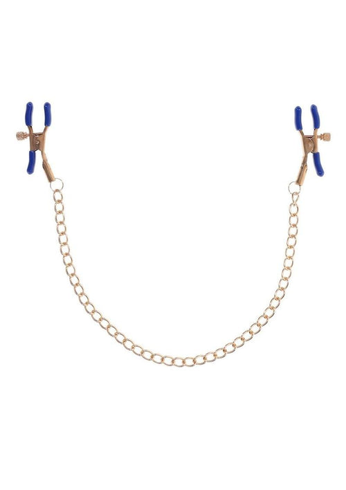 Load image 1 in gallery view. Sex and Mischief Cougar Chained Nipple Clamps - Blue/Gold/Navy