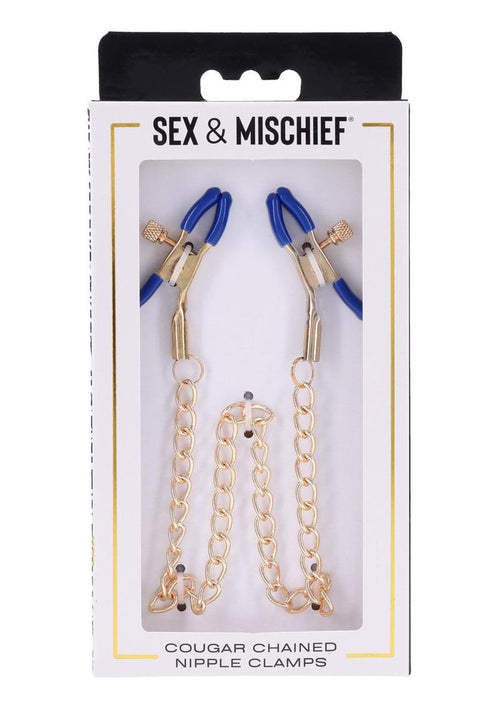 Load image 1 in gallery view. Sex and Mischief Cougar Chained Nipple Clamps - Blue/Gold/Navy