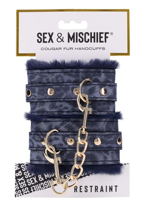 Load image 1 in gallery view. Sex and Mischief Cougar Fur Handcuffs - Blue/Gold/Navy