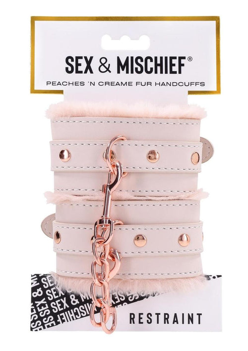Load image 1 in gallery view. Sex and Mischief Peaches N Creame Fur Handcuffs - Ivory/Rose Gold