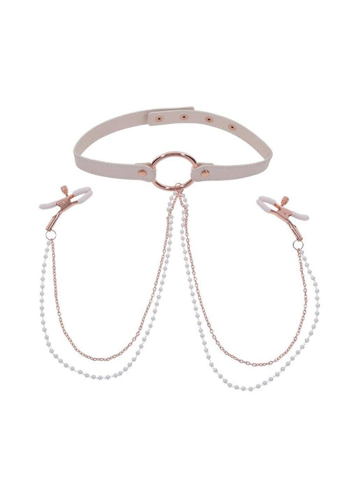 Load image 1 in gallery view. Sex and Miscielf Peaches 'N Creame Collar with Nipple Clamps - Ivory/Rose Gold