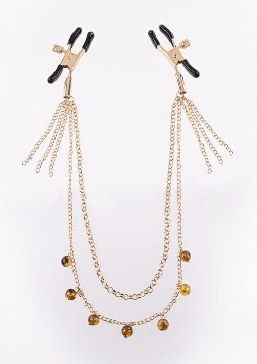 Load image 1 in gallery view. Sincerely Amber Chained Nipple Clamps - Animal Print/Gold