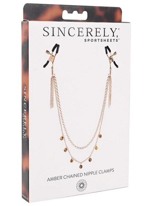 Load image 1 in gallery view. Sincerely Amber Chained Nipple Clamps - Animal Print/Gold