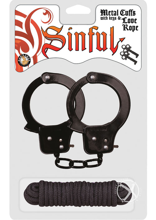 Load image 1 in gallery view. Sinful Metal Cuffs with Keys and Love Rope - Black/Metal