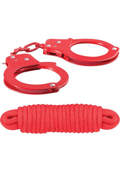 Load image 1 in gallery view. Sinful Metal Cuffs with Keys and Love Rope - Metal/Red