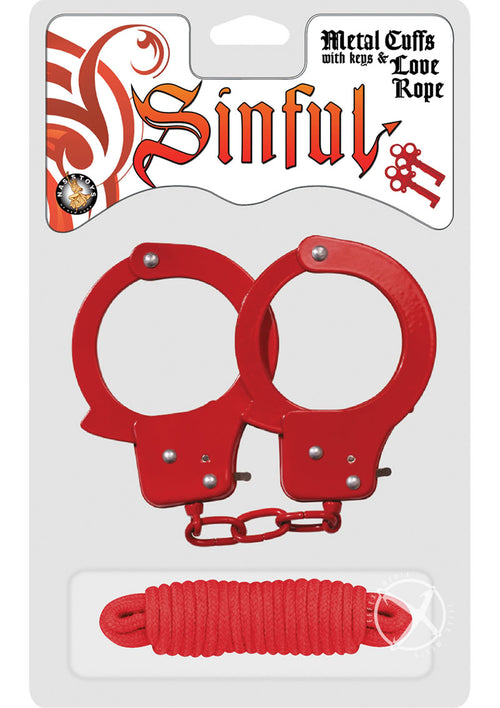 Load image 1 in gallery view. Sinful Metal Cuffs with Keys and Love Rope - Metal/Red