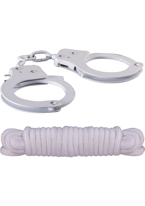 Load image 1 in gallery view. Sinful Metal Cuffs with Keys and Love Rope - Metal/White