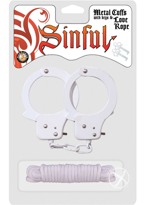 Load image 1 in gallery view. Sinful Metal Cuffs with Keys and Love Rope - Metal/White