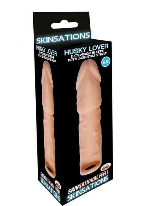 Load image 1 in gallery view. Skinsations Husky Lover Extension Sleeve with Scrotum Strap - Vanilla - 6.5in