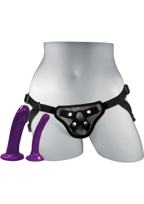 Load image 1 in gallery view. Sportsheets Anal Explorer Strap-On Harness Kit with 2 Silicone Dildos - Black/Purple