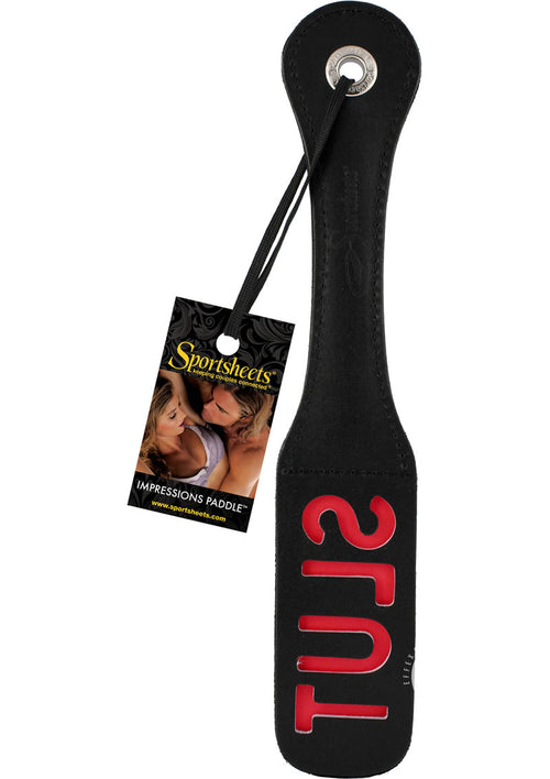 Load image 1 in gallery view. Sportsheets Leather Slut Impression Paddle - Black - 12in