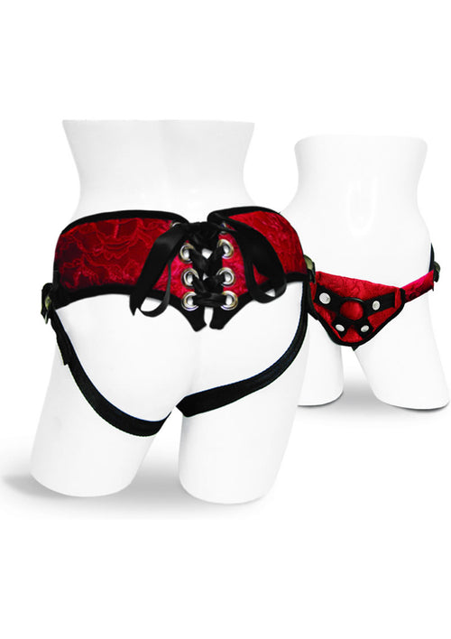 Load image 1 in gallery view. Sportsheets Sunrice Lace Corsette Strap-On Adjustable Harness - Black/Red