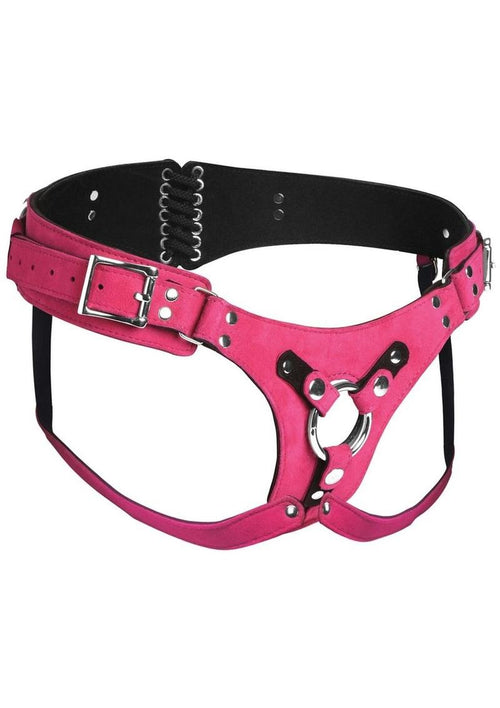Load image 1 in gallery view. Strap U Bodice Deluxe Leather Corset Harness - Metal/Pink