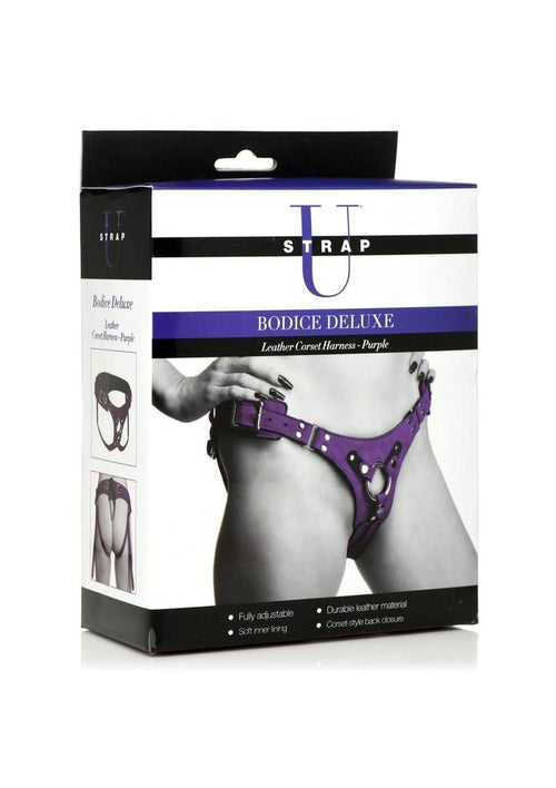 Load image 1 in gallery view. Strap U Bodice Deluxe Leather Corset Harness - Metal/Purple