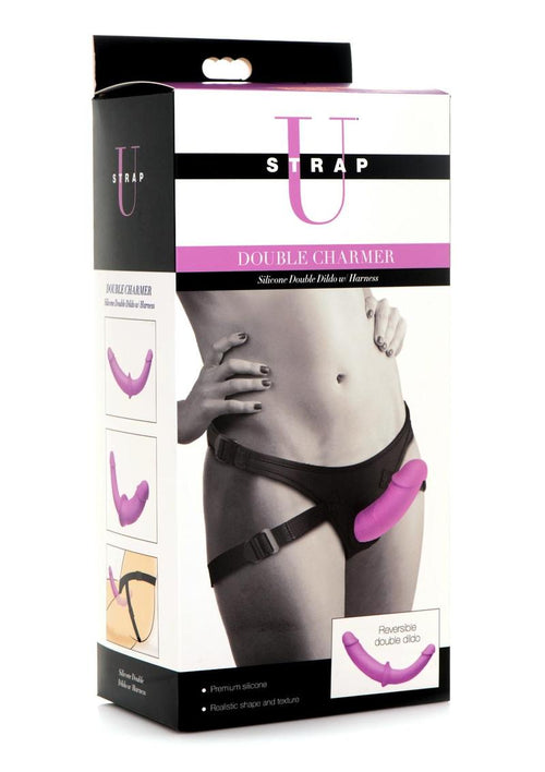 Load image 1 in gallery view. Strap U Double Charmer Silicone Double Dildo with Harness - Purple