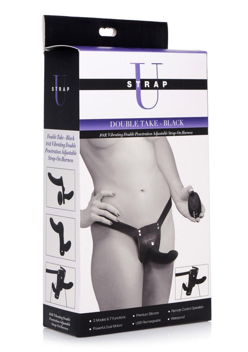 Load image 1 in gallery view. Strap U Double Take Double Penetration Rechargeable Silicone Vibrating Strap-On Harness - Black