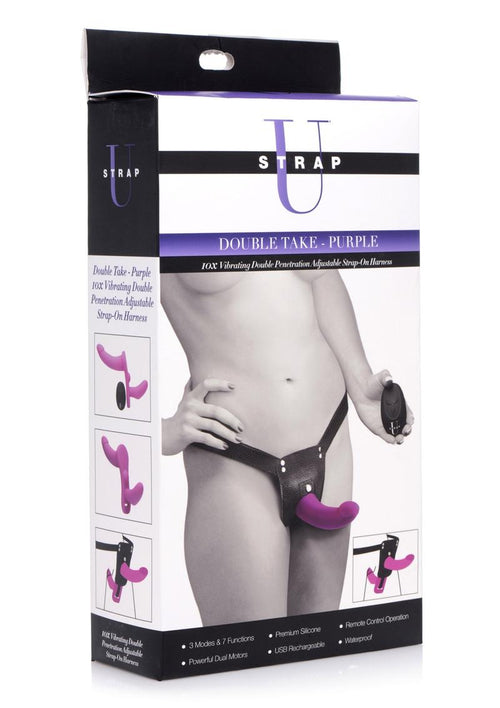 Load image 1 in gallery view. Strap U Double Take Double Penetration Rechargeable Silicone Vibrating Strap-On Harness - Purple