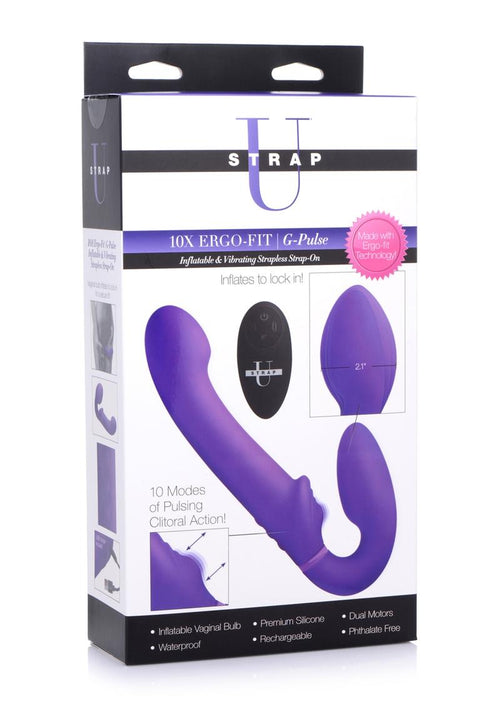 Load image 1 in gallery view. Strap U Ergo-Fit G-Pulse Silicone Rechargeable 10x Dual Dildo Strapless Strap-On with Remote Control - Purple