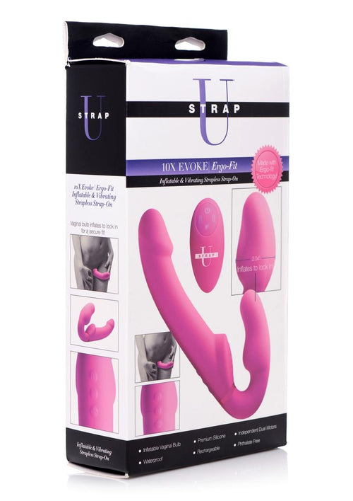 Load image 1 in gallery view. Strap U Evoke Ergo Fit Inflatable and Vibrating Silicone Strapless Strap-On with Remote Control - Pink