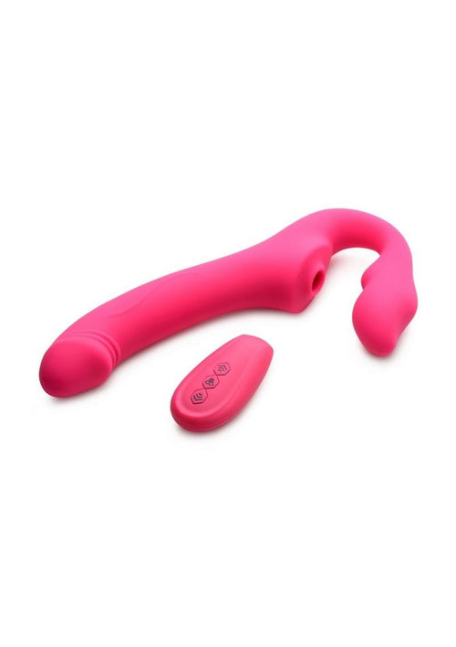 Load image 1 in gallery view. Strap U Licking Vibrating Rechargeable Silicone Strapless Strap-On with Remote Control - Pink