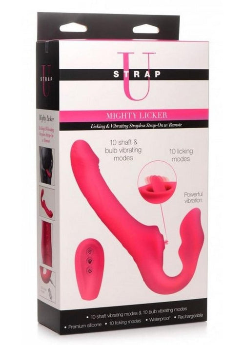 Load image 1 in gallery view. Strap U Licking Vibrating Rechargeable Silicone Strapless Strap-On with Remote Control - Pink