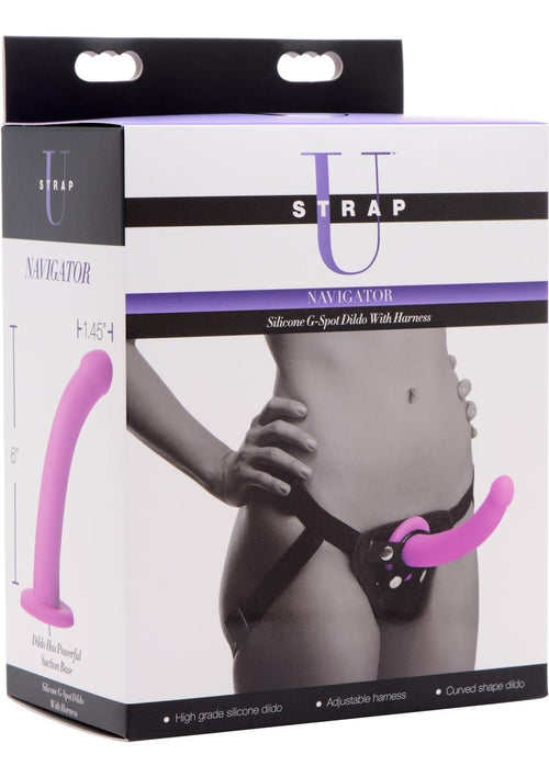Load image 1 in gallery view. Strap U Navigator Silicone G-Spot 7in Dildo with Harness - Purple