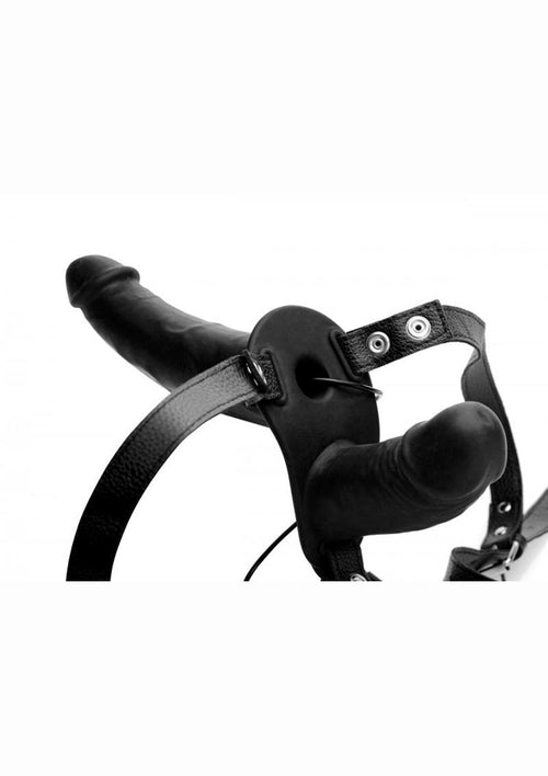 Load image 1 in gallery view. Strap U Power Pegger Silicone Vibrating Double Pleasure 6.5in Dildo with Harness - Black
