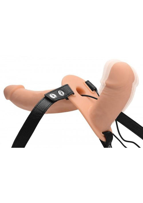 Load image 1 in gallery view. Strap U Power Pegger Silicone Vibrating Double Pleasure 6.5in Dildo with Harness - Flesh/Vanilla