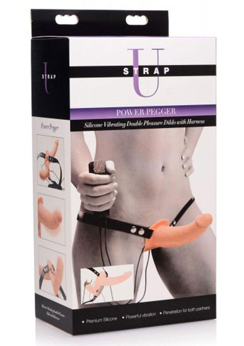 Load image 1 in gallery view. Strap U Power Pegger Silicone Vibrating Double Pleasure 6.5in Dildo with Harness - Flesh/Vanilla