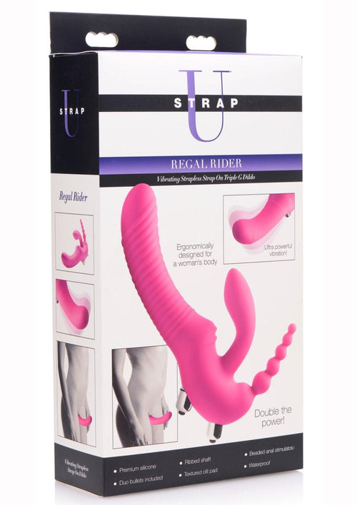 Load image 1 in gallery view. Strap U Regal Rider Vibrating Silicone Strapless Strap-On Triple G 6in Dildo - Purple