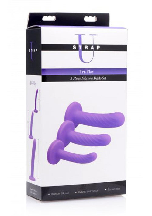 Load image 1 in gallery view. Strap U Tri-Play 3 Piece Silicone Dildo - Purple - Set