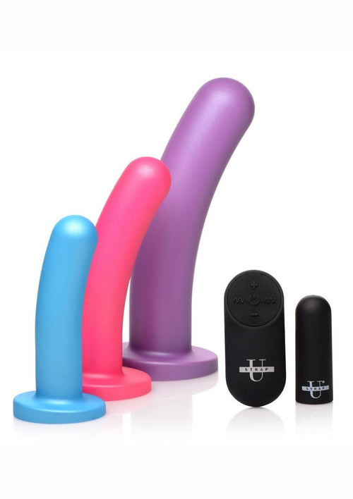 Load image 1 in gallery view. Strap U Triple Peg 28x Vibrating Rechargeable Silicone Dildo Set with Remote Control - Assorted Colors - 5 Piece