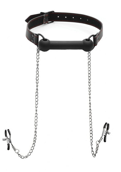 Load image 1 in gallery view. Strict Black Silicone Bit Gag with Nipple Clamps - Black/Metal