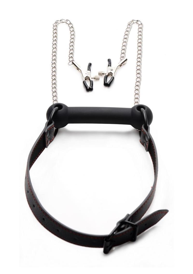 Strict Black Silicone Bit Gag with Nipple Clamps STRICT